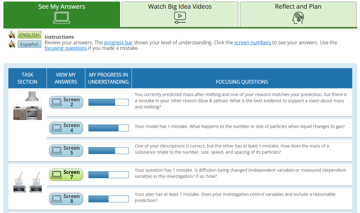 Screenshot of advanced student report that shows a table with a students answers for each of the screens in the tasks.