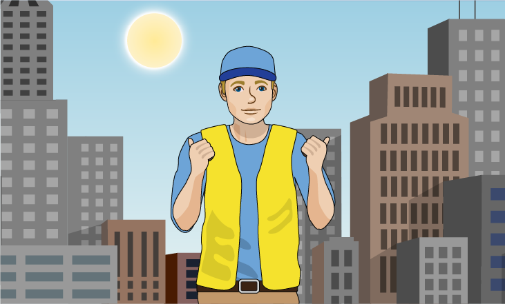 A person wearing a yellow vest, a baseball cap with their thumbs up. Skyscrapers and the sun are in the background.