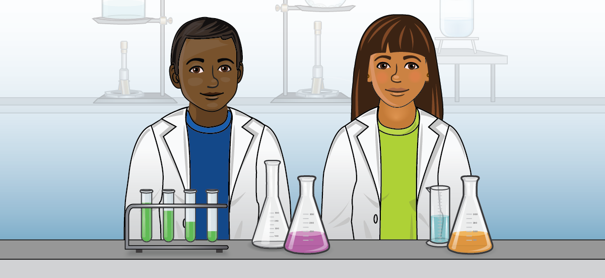 Two students wearing lab coats are sitting side by side with science lab equipment on the table in front of them.