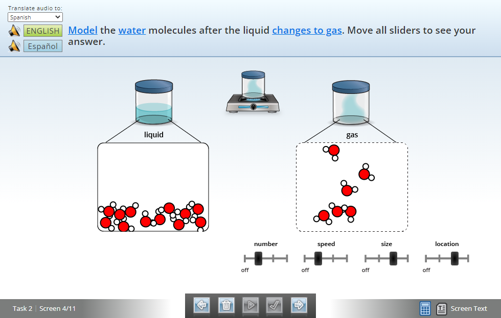 Screenshot of a task to use sliders to adjust the number, speed, size and location of water molecules after the liquid changes to gas.