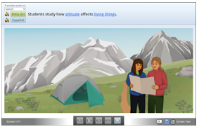 Screenshot of a task that shows two people looking at a map near their tent with a mountain in the background.