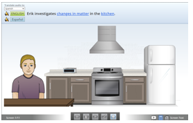 Screenshot of a task that shows a student sitting in a kitchen.