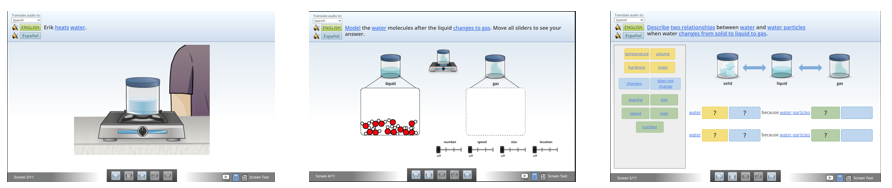 Screenshot of three tasks that are about heating water and molecules.