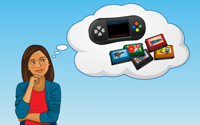 A person with a thought bubble that contains a video controller and various games.