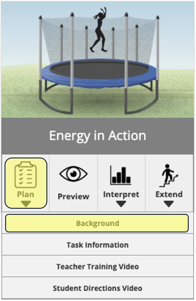 Energy in Action task with the Plan link highlighted as well as the Background option that is within it.