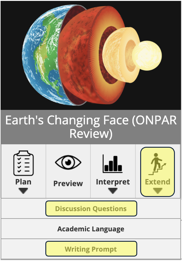 Earth's changing face (ONPAR Review) task with the Extend link highlighted as well as Discussion Questions and Writing Prompt options that are under it.