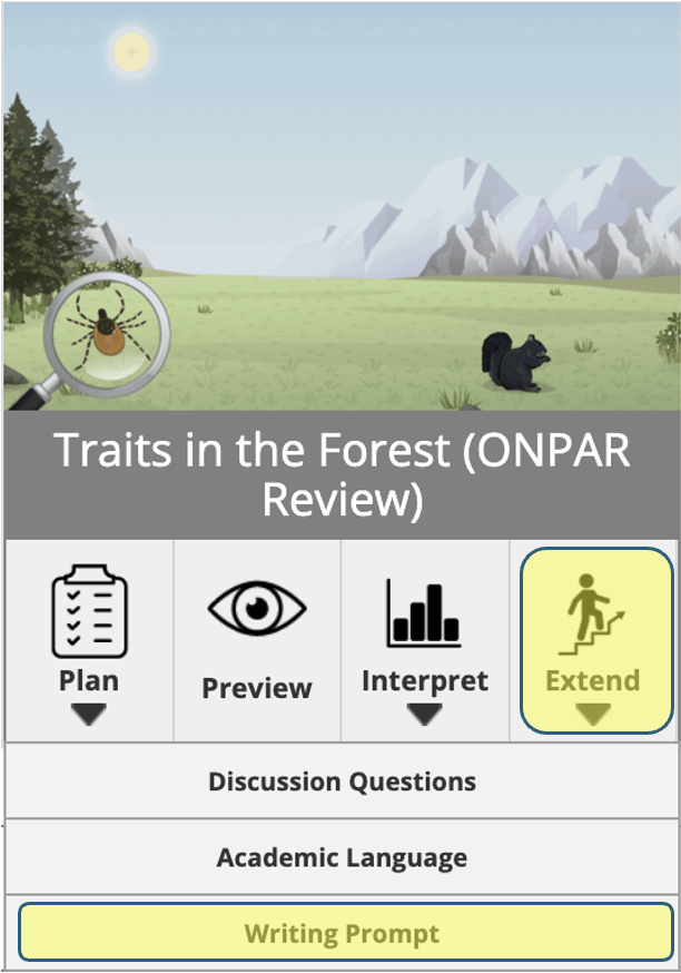 Traits in the Forest task with the Extend link highlighted as well as the Writing Prompt option within it.